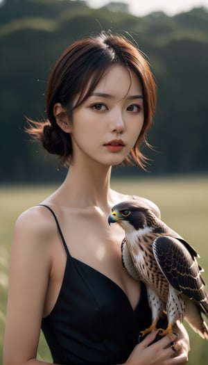 Stunning and beautiful Japanese super model (with a falcon r:2), at the great field, 
Wearing black mini cocktail dress, cleavage, messy short hair, falcon trainer,
18mm lens, zoom out, wide angle,
photo-realistic, masterpiece, soothing tones, 8k resolution, concept art of detailed character design, cinema concept, cinematic lighting, cinematic look, calming tones, incredible details, intricate details, hyper detail, Fuji Superia 400,
stylish, elegant, breathtaking, mysterious, fascinating, curiously complete face, elegant, gorgeous, 
ART by Esao Andrews style, by Greg Rutkowski Repin artstation style, by Wadim Kashin style, by Konstantin Razumov style, Tim burton style, dark gothic style, 
,aesthetic portrait, cinematic moviemaker style, 
