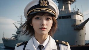 Stunning and beautiful Japanese navy, full-body side view from below shot, white navy uniform, white military cap, 
sexy pose, sets the scene in a port, with a large military war ship.
sexy uniform, dynamic pose, model pose, tall body, 
wide angle landscape photo, 18mm lens, zoom out, (far wide-angle:2), 
masterpiece, best shadow, cinematic film, insanelly detailled, 8k resolution, hyperrealism photo, concept art of detailed character design, cinema concept, cinematic lighting, 
stylish, elegant, breathtaking, mysterious, fascinating, curiously complete face, elegant, gorgeous, 8k, cinematic look, calming tones, incredible details, intricate details, hyper detailed, low contrast, soft cinematic lights, Superia 400, warm tones, Ayase Haruka's face,
aesthetic portrait, cinematic moviemaker style, in the style of esao andrews,esao andrews style,esao andrews art,