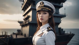 Stunning and beautiful Japanese navy, full-body side view, white navy uniform, white military cap, 
sexy pose, sets the scene in a port, with a large military war ship.
sexy uniform, dynamic pose, model pose, tall body, 
wide angle landscape photo, 18mm lens, zoom out, (far wide-angle:2), 
masterpiece, best shadow, cinematic film, insanelly detailled, 8k resolution, hyperrealism photo, concept art of detailed character design, cinema concept, cinematic lighting, 
stylish, elegant, breathtaking, mysterious, fascinating, curiously complete face, elegant, gorgeous, 8k, cinematic look, calming tones, incredible details, intricate details, hyper detailed, low contrast, soft cinematic lights, Superia 400, warm tones, Ayase Haruka'sface,
aesthetic portrait, cinematic moviemaker style, in the style of esao andrews,esao andrews style,esao andrews art,
