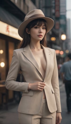 Stunning and beautiful Japanese milf, long stylish haircut, beige classic suit, naked jacket, seductive and aesthetic, hat, 40years old, office district background, cowboy shot,
 photo-realistic, masterpiece, soothing tones, 8k resolution, concept art of detailed character design, cinema concept, cinematic lighting, cinematic look, calming tones, incredible details, intricate details, hyper detail, Fuji Superia 400, 
stylish, elegant, breathtaking, mysterious, fascinating, untamed, curiously complete face, elegant, gorgeous, 
by Greg Rutkowski Repin artstation style, by Wadim Kashin style, by Konstantin Razumov style, Ayase Haruka's face,
,aesthetic portrait, cinematic moviemaker style, in the style of esao andrews
