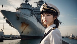 Stunning and beautiful Japanese navy, full-body side view from below shot, white navy uniform, white military cap, 
sexy pose, sets the scene in a port, with a large military war ship. Walking port,
sexy uniform, dynamic pose, model pose, tall body, 
wide angle landscape photo, 18mm lens, zoom out, (far wide-angle:2), 
masterpiece, best shadow, cinematic film, insanelly detailled, 8k resolution, hyperrealism photo, concept art of detailed character design, cinema concept, cinematic lighting, 
stylish, elegant, breathtaking, mysterious, fascinating, curiously complete face, elegant, gorgeous, 8k, cinematic look, calming tones, incredible details, intricate details, hyper detailed, low contrast, soft cinematic lights, Superia 400, warm tones, Ayase Haruka's face,
aesthetic portrait, cinematic moviemaker style, in the style of esao andrews,esao andrews style,esao andrews art,