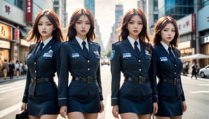 Stunning and beautiful Japanese police officers, three girls, full-body side view, beside a patrol car, downtown street, sexy uniform, dynamic pose, model pose, tall body, 
wide angle landscape photo, 18mm lens, zoom out, (far wide-angle:2), 
masterpiece, best shadow, cinematic film, insanelly detailled, 8k resolution, hyperrealism photo, concept art of detailed character design, cinema concept, cinematic lighting, 
stylish, elegant, breathtaking, mysterious, fascinating, curiously complete face, elegant, gorgeous, 8k, cinematic look, calming tones, incredible details, intricate details, hyper detailed, low contrast, soft cinematic lights, Superia 400, warm tones, ,aesthetic portrait, cinematic moviemaker style, in the style of esao andrews,esao andrews style,esao andrews art,korean girl,more detail XL