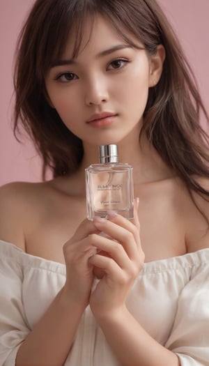 Stunning and beautiful Japanese super model, model holding a perfume for an e-commerce thumbnail or product detail page. She's holding the product of perfume gracefully in their hands, positioning it to highlight its sophisticated design and the brand's logo prominently, product on her face, 
Messy hair, white off shoulder crop top, pink background, eyeliner, plump lips, 
photo-realistic, masterpiece, soothing tones, 8k resolution, concept art of detailed character design, cinema concept, cinematic lighting, cinematic look, calming tones, incredible details, intricate details, hyper detail, Fuji Superia 400, 
stylish, elegant, breathtaking, mysterious, fascinating, untamed, curiously complete face, elegant, gorgeous, 
by Greg Rutkowski Repin artstation style, by Wadim Kashin style, by Konstantin Razumov style, Ayase Haruka's face,
,aesthetic portrait, cinematic moviemaker style, in the style of esao andrews