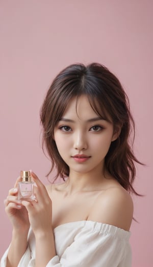 Stunning and beautiful Japanese super model, model holding a perfume for an e-commerce thumbnail or product detail page. She's holding the product of perfume her hands, positioning it to highlight its sophisticated design and the brand's logo prominently, product on her face, 
Messy hair, white off shoulder crop top, pink background, eyeliner, plump lips, sly smile, 
photo-realistic, masterpiece, soothing tones, 8k resolution, concept art of detailed character design, cinema concept, cinematic lighting, cinematic look, calming tones, incredible details, intricate details, hyper detail, Fuji Superia 400, 
stylish, elegant, breathtaking, mysterious, fascinating, untamed, curiously complete face, elegant, gorgeous, 
by Greg Rutkowski Repin artstation style, by Wadim Kashin style, by Konstantin Razumov style, Ayase Haruka's face,
,aesthetic portrait, cinematic moviemaker style,more detail XL