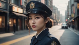 Stunning and beautiful Japanese police officer, half-body dide view, at the middle of street, 
wide angle landscape photo, 18mm lens, zoom out, (far wide-angle:2), 
masterpiece, best shadow, cinematic film, insanelly detailled, 8k resolution, hyperrealism photo, concept art of detailed character design, cinema concept, cinematic lighting, 
stylish, elegant, breathtaking, mysterious, fascinating, curiously complete face, elegant, gorgeous, 8k, cinematic look, calming tones, incredible details, intricate details, hyper detailed, low contrast, soft cinematic lights, Superia 400, warm tones, ,aesthetic portrait, cinematic moviemaker style, in the style of esao andrews,esao andrews style,esao andrews art