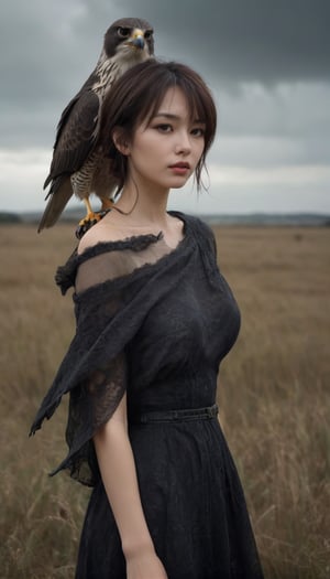 Stunning and beautiful Japanese super model, (a falcon on her shoulder:2)at the filed of dead, 
Wearing black mini cocktail dress, cleavage, off-shoulder, messy short hair,
foggy and stormy weather,
18mm lens, zoom out, wide angle, (far wide-angle:2), 
photo-realistic, masterpiece, soothing tones, 8k resolution, concept art of detailed character design, cinema concept, cinematic lighting, cinematic look, calming tones, incredible details, intricate details, hyper detail, Fuji Superia 400,
stylish, elegant, breathtaking, mysterious, fascinating, curiously complete face, elegant, gorgeous, 
ART by Esao Andrews style, by Greg Rutkowski Repin artstation style, by Wadim Kashin style, by Konstantin Razumov style, Tim burton style, dark gothic style, 
,aesthetic portrait, cinematic moviemaker style, in the style of esao andrews