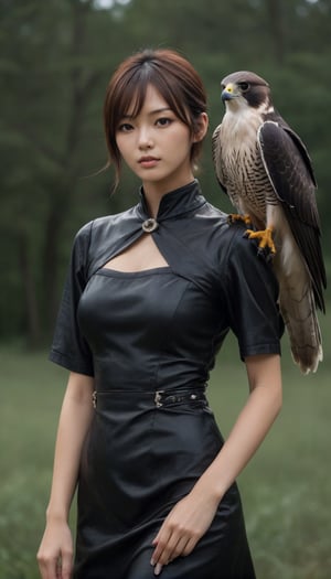Stunning and beautiful Japanese super model (with a falcon r:2), at the great field, 
Wearing black mini cocktail dress, cleavage, messy short hair, falcon trainer,
18mm lens, zoom out, wide angle,
photo-realistic, masterpiece, soothing tones, 8k resolution, concept art of detailed character design, cinema concept, cinematic lighting, cinematic look, calming tones, incredible details, intricate details, hyper detail, Fuji Superia 400,
stylish, elegant, breathtaking, mysterious, fascinating, curiously complete face, elegant, gorgeous, 
ART by Esao Andrews style, by Greg Rutkowski Repin artstation style, by Wadim Kashin style, by Konstantin Razumov style, Tim burton style, dark gothic style, 
,aesthetic portrait, cinematic moviemaker style, ,Movie Still,LegendDarkFantasy,photo r3al