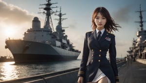 Stunning and beautiful Japanese navy, full-body side view, white navy uniform, sexy pose, sets the scene in a port, with a large military war ship.
sexy uniform, dynamic pose, model pose, tall body, 
wide angle landscape photo, 18mm lens, zoom out, (far wide-angle:2), 
masterpiece, best shadow, cinematic film, insanelly detailled, 8k resolution, hyperrealism photo, concept art of detailed character design, cinema concept, cinematic lighting, 
stylish, elegant, breathtaking, mysterious, fascinating, curiously complete face, elegant, gorgeous, 8k, cinematic look, calming tones, incredible details, intricate details, hyper detailed, low contrast, soft cinematic lights, Superia 400, warm tones, Ayase Haruka'sface,
aesthetic portrait, cinematic moviemaker style, in the style of esao andrews,esao andrews style,esao andrews art,