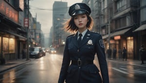 Stunning and beautiful Japanese police officer, full-body dide view, at the middle of street, 
wide angle landscape photo, 18mm lens, zoom out, (far wide-angle:2), 
masterpiece, best shadow, cinematic film, insanelly detailled, 8k resolution, hyperrealism photo, concept art of detailed character design, cinema concept, cinematic lighting, 
stylish, elegant, breathtaking, mysterious, fascinating, curiously complete face, elegant, gorgeous, 8k, cinematic look, calming tones, incredible details, intricate details, hyper detailed, low contrast, soft cinematic lights, Superia 400, warm tones, ,aesthetic portrait, cinematic moviemaker style, in the style of esao andrews,esao andrews style,esao andrews art