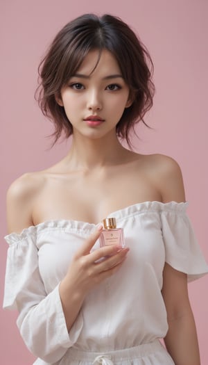 Stunning and beautiful Japanese super model, model holding a perfume for an e-commerce thumbnail or product detail page. She's holding the product of perfume gracefully in their hands, positioning it to highlight its sophisticated design and the brand's logo prominently, product on her face, 
Messy hair, white off shoulder crop top, pink background, eyeliner, plump lips, 
photo-realistic, masterpiece, soothing tones, 8k resolution, concept art of detailed character design, cinema concept, cinematic lighting, cinematic look, calming tones, incredible details, intricate details, hyper detail, Fuji Superia 400, 
stylish, elegant, breathtaking, mysterious, fascinating, untamed, curiously complete face, elegant, gorgeous, 
by Greg Rutkowski Repin artstation style, by Wadim Kashin style, by Konstantin Razumov style, Ayase Haruka's face,
,aesthetic portrait, cinematic moviemaker style,more detail XL