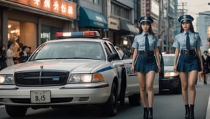 Stunning and beautiful Japanese police officers, three girls, full-body side view, beside a patrol car, downtown street, sexy uniform, dynamic pose, model pose, tall body, 
wide angle landscape photo, 18mm lens, zoom out, (far wide-angle:2), 
masterpiece, best shadow, cinematic film, insanelly detailled, 8k resolution, hyperrealism photo, concept art of detailed character design, cinema concept, cinematic lighting, 
stylish, elegant, breathtaking, mysterious, fascinating, curiously complete face, elegant, gorgeous, 8k, cinematic look, calming tones, incredible details, intricate details, hyper detailed, low contrast, soft cinematic lights, Superia 400, warm tones, ,aesthetic portrait, cinematic moviemaker style, in the style of esao andrews,esao andrews style,esao andrews art,korean girl,more detail XL
