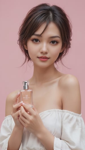 Stunning and beautiful Japanese super model, model holding a perfume for an e-commerce thumbnail or product detail page. She's holding the product of perfume gracefully in their hands, positioning it to highlight its sophisticated design and the brand's logo prominently, product on her face, 
Messy hair, white off shoulder crop top, pink background, eyeliner, plump lips, sly smile, 
photo-realistic, masterpiece, soothing tones, 8k resolution, concept art of detailed character design, cinema concept, cinematic lighting, cinematic look, calming tones, incredible details, intricate details, hyper detail, Fuji Superia 400, 
stylish, elegant, breathtaking, mysterious, fascinating, untamed, curiously complete face, elegant, gorgeous, 
by Greg Rutkowski Repin artstation style, by Wadim Kashin style, by Konstantin Razumov style, Ayase Haruka's face,
,aesthetic portrait, cinematic moviemaker style,more detail XL