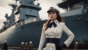 Stunning and beautiful Japanese navy, full-body side view from below shot, white navy uniform, white military cap, 
sexy pose, sets the scene in a port, with a large military war ship. Walking port,
sexy uniform, dynamic pose, model pose, tall body, 
wide angle landscape photo, 18mm lens, zoom out, (far wide-angle:2), 
masterpiece, best shadow, cinematic film, insanelly detailled, 8k resolution, hyperrealism photo, concept art of detailed character design, cinema concept, cinematic lighting, 
stylish, elegant, breathtaking, mysterious, fascinating, curiously complete face, elegant, gorgeous, 8k, cinematic look, calming tones, incredible details, intricate details, hyper detailed, low contrast, soft cinematic lights, Superia 400, warm tones, Ayase Haruka's face,
aesthetic portrait, cinematic moviemaker style, in the style of esao andrews,esao andrews style,esao andrews art,