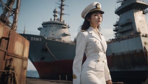 Stunning and beautiful Japanese navy, full-body side view from belowshot, white navy uniform, white military cap, 
sexy pose, sets the scene in a port, with a large military war ship.
sexy uniform, dynamic pose, model pose, tall body, 
wide angle landscape photo, 18mm lens, zoom out, (far wide-angle:2), 
masterpiece, best shadow, cinematic film, insanelly detailled, 8k resolution, hyperrealism photo, concept art of detailed character design, cinema concept, cinematic lighting, 
stylish, elegant, breathtaking, mysterious, fascinating, curiously complete face, elegant, gorgeous, 8k, cinematic look, calming tones, incredible details, intricate details, hyper detailed, low contrast, soft cinematic lights, Superia 400, warm tones, Ayase Haruka'sface,
aesthetic portrait, cinematic moviemaker style, in the style of esao andrews,esao andrews style,esao andrews art,