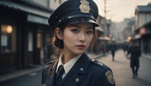 Stunning and beautiful Japanese police officer,
wide angle landscape photo, 18mm lens, zoom out, (far wide-angle:2), 
masterpiece, best shadow, cinematic film, insanelly detailled, 8k resolution, hyperrealism photo, concept art of detailed character design, cinema concept, cinematic lighting, 
stylish, elegant, breathtaking, mysterious, fascinating, curiously complete face, elegant, gorgeous, 8k, cinematic look, calming tones, incredible details, intricate details, hyper detailed, low contrast, soft cinematic lights, Superia 400, warm tones, ,aesthetic portrait, cinematic moviemaker style, in the style of esao andrews,esao andrews style,esao andrews art