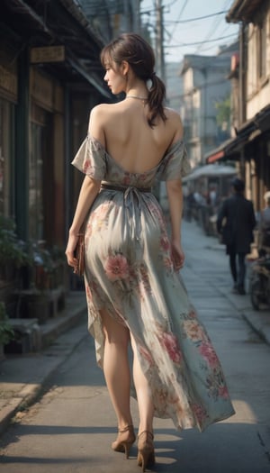 Stunning and beautiful korean super model , Full body back view, 
shoulder length ponytail, glossy plump lips, tall body, casual street style outfit, necklace, dress blouse, floral-paint loose long skirt, pumps heels, 
photo-realistic, masterpiece, soothing tones, 8k resolution, concept art of detailed character design, cinema concept, cinematic lighting, cinematic look, calming tones, incredible details, intricate details, hyper detail, Fuji Superia 400, stylish, elegant, breathtaking, mysterious, fascinating, untamed, curiously complete face, elegant, gorgeous, 
by Greg Rutkowski Repin artstation style, by Wadim Kashin style, by Konstantin Razumov style, Ayase Haruka's face,
,aesthetic portrait, cinematic moviemaker style, in the style of esao andrews,esao andrews style,esao andrews art,Movie Still,