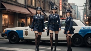 Stunning and beautiful Japanese police officers, three girls, full-body side view, beside a patrol car, downtown street, sexy uniform, 
wide angle landscape photo, 18mm lens, zoom out, (far wide-angle:2), 
masterpiece, best shadow, cinematic film, insanelly detailled, 8k resolution, hyperrealism photo, concept art of detailed character design, cinema concept, cinematic lighting, 
stylish, elegant, breathtaking, mysterious, fascinating, curiously complete face, elegant, gorgeous, 8k, cinematic look, calming tones, incredible details, intricate details, hyper detailed, low contrast, soft cinematic lights, Superia 400, warm tones, ,aesthetic portrait, cinematic moviemaker style, in the style of esao andrews,esao andrews style,esao andrews art