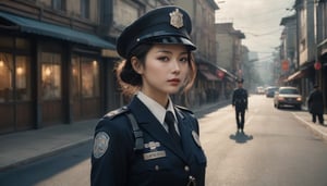 Stunning and beautiful Japanese police officer, full-body dide view, at the middle of street, 
wide angle landscape photo, 18mm lens, zoom out, (far wide-angle:2), 
masterpiece, best shadow, cinematic film, insanelly detailled, 8k resolution, hyperrealism photo, concept art of detailed character design, cinema concept, cinematic lighting, 
stylish, elegant, breathtaking, mysterious, fascinating, curiously complete face, elegant, gorgeous, 8k, cinematic look, calming tones, incredible details, intricate details, hyper detailed, low contrast, soft cinematic lights, Superia 400, warm tones, ,aesthetic portrait, cinematic moviemaker style, in the style of esao andrews,esao andrews style,esao andrews art