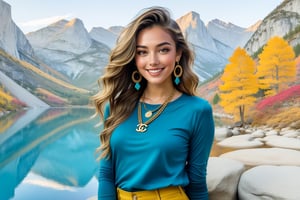 Hyper-Realistic photo of a girl,20yo,1girl,perfect female form,perfect body proportion,perfect anatomy,[Turquoise,Baby Blue,Mustard Yellow,Gray color],shirt and leggings,detailed exquisite face,soft shiny skin,smile,mesmerizing,disheveled hair,small earrings,necklaces,Chanel,Gucci,Louis Vuitton,cluttered maximalism
BREAK
(backdrop of valley in national park,valley with mountain and rock,colorful autumn forest and trees,large lake,reflection on water)
BREAK
(rule of thirds:1.3),perfect composition,studio photo,trending on artstation,(Masterpiece,Best quality,32k,UHD:1.4),(sharp focus,high contrast,HDR,hyper-detailed,intricate details,ultra-realistic,award-winning photo,ultra-clear,kodachrome 800:1.25),(Canon 15mm wide-angle lens with large depth of field),(chiaroscuro lighting,soft rim lighting:1.15),by Karol Bak,Antonio Lopez,Gustav Klimt and Hayao Miyazaki,photo_b00ster,real_booster,art_booster,y0sem1te,yva11ey1