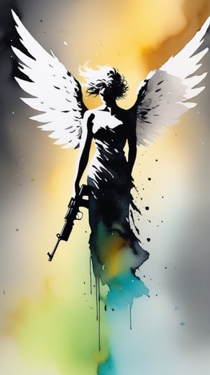 (alcohol ink watercolor art),an angel flying down from sky,holding AR-15 rifle,exquisite face,short hair blowing,ethereal,fantasy,mysterious,epic,
vibrant colors
BREAK 
(Frank Miller's Sin City style:1.3),trending on artstation,CG society,(rule of thirds:1.3),art_booster,ani_booster,artint