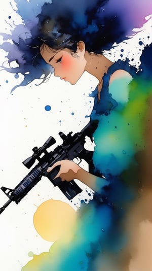 (alcohol ink watercolor art),an angel flying down from sky,holding AR-15 rifle,exquisite face,short hair blowing,ethereal,fantasy,mysterious,epic,
vibrant colors
BREAK 
trending on artstation,CG society,(rule of thirds:1.3),art_booster,ani_booster,artint,splatters and stains