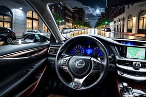 Ultra-realistic photo of lexus ES300h Executive driving wheel and dashboard,holding,glove,[backdrop of city street,puddlues,rainy,cloudy,moon,night],cluttered maximalism
BREAK
sharp focus,high contrast,studio photo,trending on artstation,rule of thirds:1.3,perfect composition,depth of perspective,DoF,(Hyper-detailed,masterpiece,HDR,16K,shiny, glossy,reflective:1.3),(by Chris Bangle),H effect,art_booster, real_booster,photo_b00ster, real_booster,art_booster,more detail XL