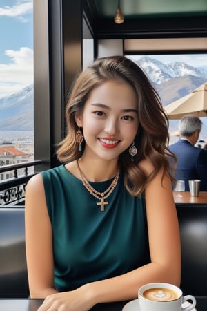 Hyper-Realistic photo of a girl sitting in a luxurious cafe,20yo,1girl,perfect female form,perfect body proportion,perfect anatomy,[Rose Gold,Deep Navy,Mint Green color],elegant dress,detailed exquisite face,soft shiny skin,smile,mesmerizing,disheveled hair,small earrings,necklaces,Louis Vuitton bag
BREAK
backdrop of a beautiful cafe,table,mountain view,coffee mug,people,(fullbody:1.2),(wideshot:1.2)
BREAK
(rule of thirds:1.3),perfect composition,studio photo,trending on artstation,(Masterpiece,Best quality,32k,UHD:1.4),(sharp focus,high contrast,HDR,hyper-detailed,intricate details,ultra-realistic,award-winning photo,ultra-clear,kodachrome 800:1.25),(chiaroscuro lighting,soft rim lighting:1.15),by Karol Bak,Antonio Lopez,Gustav Klimt and Hayao Miyazaki,photo_b00ster,real_booster,art_booster,kimtaeri-xl