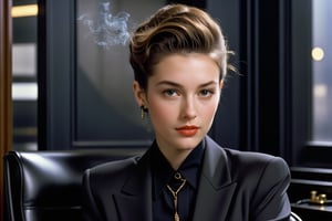 Hyper-Realistic photo of a girl sitting in a dark office,20yo,1girl,Sean Young \(Blade Runner\),perfect female form,perfect body proportion,mysterious,perfect anatomy,expressionless,(elegnt black suit and shirt:1.3),detailed exquisite face,soft shiny skin,holding cigarette,brown eyes,lips,cigarette,mesmerizing,detailed black updo hair,upper body,(very dark room:1.4),(smoke:1.3),Prada bag
BREAK
(rule of thirds:1.3),perfect composition,studio photo,trending on artstation,(Masterpiece,Best quality,32k,UHD:1.4),(sharp focus,high contrast,HDR,hyper-detailed,intricate details,ultra-realistic,award-winning photo,ultra-clear,kodachrome 800:1.3),(volumetric lighting:1.3),photo_b00ster, real_booster,art_booster
