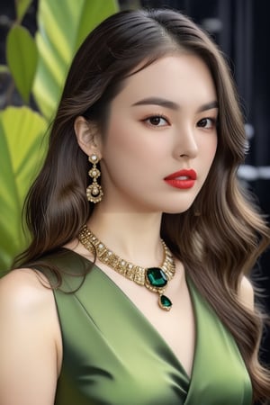 Hyper-Realistic photo of a girl,20yo,1girl,perfect female form,perfect body proportion,perfect anatomy,[green white black color],elegant dress,detailed exquisite face,soft shiny skin,mesmerizing,detailed shiny long hair,small earrings,necklaces,Chanel bag,cluttered maximalism,dark backdrop
BREAK
(rule of thirds:1.3),perfect composition,studio photo,trending on artstation,(Masterpiece,Best quality,32k,UHD:1.4),(sharp focus,high contrast,HDR,hyper-detailed,intricate details,ultra-realistic,award-winning photo,ultra-clear,kodachrome 800:1.25),(chiaroscuro lighting,soft rim lighting:1.15),by Karol Bak,Antonio Lopez,Gustav Klimt and Hayao Miyazaki,photo_b00ster,real_booster,art_booster,song-hyegyo-xl