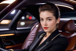 Hyper-Realistic photo of a girl sitting in the driving seat of Lexus at night,20yo,1girl,Sean Young \(Blade Runner\),perfect female form,perfect body proportion,mysterious,perfect anatomy,(elegnt black suit:1.3),detailed exquisite face,soft shiny skin,brown eyes,lips,cigarette,mesmerizing,detailed short black updo hair,upper body,chanel bag
BREAK
(rule of thirds:1.3),perfect composition,studio photo,trending on artstation,(Masterpiece,Best quality,32k,UHD:1.4),(sharp focus,high contrast,HDR,hyper-detailed,intricate details,ultra-realistic,award-winning photo,ultra-clear,kodachrome 800:1.3),(dum lighting:1.3),photo_b00ster, real_booster,art_booster
