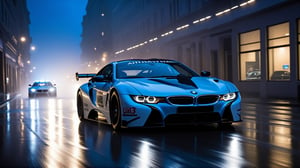 Ultra-realistic photo of racing car \(BMW Gina 2008\) competing other cars at dark night,(stunning racing car decals:1.5),(body color of Cosmic Carbon Gray with Blue Glow),shiny spinning wheels,(wheel color of Black Chrome),glossy and luxurious alloy wheel,(bright turned on symmetrical head lights),silhouette in driver's seat, blurry city street backdrop,depth of perspective,(wide shot),rain,puddles,thunder storm,heavy fog,police car chasing from behind
BREAK
(sharp focus,high contrast,studio photo,trending on artstation:1.3),(rule of thirds:1.3),perfect composition,depth of perspective,DoF,(Masterpiece,Best quality,UHD,Hyper-detailed,masterpiece,HDR,32K:1.3),(by Chris Bangle),H effect,art_booster, real_booster,photo_b00ster