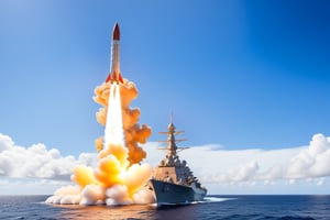 ((Ultra-realistic)) close-up photo of a SM-3 missile launching from US Navy ship,flame and smoke,cluttered maximalism
BREAK
backdrop of ocean,sky,clouds,(missile and ship focus:1.2)
BREAK
rule of thirds,studio photo,trending on artstation,perfect composition,(Hyper-detailed,masterpiece,best quality,32K,UHD,sharp focus,high contrast),H effect,photo_b00ster, real_booster,ani_booster