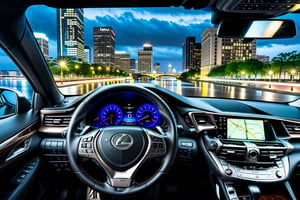 Ultra-realistic photo of lexus ES300h Executive driving wheel and dashboard,[backdrop of city street,puddlues,rainy,cloudy,moon,night]
BREAK
sharp focus,high contrast,studio photo,trending on artstation,rule of thirds:1.3,perfect composition,depth of perspective,DoF,(Hyper-detailed,masterpiece,HDR,16K,shiny, glossy,reflective:1.3),(by Chris Bangle),H effect,art_booster, real_booster,photo_b00ster, real_booster,art_booster,more detail XL