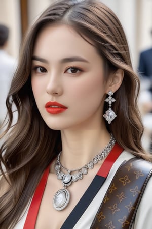 Hyper-Realistic photo of a girl,20yo,1girl,perfect female form,perfect body proportion,perfect anatomy,[red white black color],elegant dress,detailed exquisite face,soft shiny skin,mesmerizing,detailed shiny long hair,small earrings,necklaces,Louis Vuitton bag,cluttered maximalism
BREAK
(rule of thirds:1.3),perfect composition,studio photo,trending on artstation,(Masterpiece,Best quality,32k,UHD:1.4),(sharp focus,high contrast,HDR,hyper-detailed,intricate details,ultra-realistic,award-winning photo,ultra-clear,kodachrome 800:1.25),(chiaroscuro lighting,soft rim lighting:1.15),by Karol Bak,Antonio Lopez,Gustav Klimt and Hayao Miyazaki,photo_b00ster,real_booster,art_booster,song-hyegyo-xl