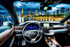 Ultra-realistic photo of lexus ES300h Executive driving wheel and dashboard,[backdrop of city street,puddlues,rainy,cloudy,moon,night]
BREAK
sharp focus,high contrast,studio photo,trending on artstation,rule of thirds:1.3,perfect composition,depth of perspective,DoF,(Hyper-detailed,masterpiece,HDR,16K,shiny, glossy,reflective:1.3),(by Chris Bangle),H effect,art_booster, real_booster,photo_b00ster, real_booster,art_booster,more detail XL