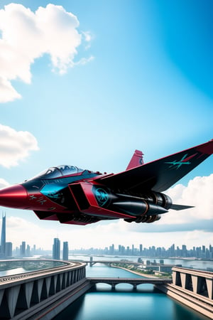 ((Ultra-realistic)) close-up photo of a KF-21 Jet Fighter flying low over a bridge,azure red black color,decorated with gems,cute,futuristic,cyberpunk, steampunk,intricate machine parts,vivid colors,cluttered maximalism
BREAK
backdrop of river,bridge,sky,cloud,city view,(KF-21 focus:1.2)
BREAK
rule of thirds:1.3,studio photo,trending on artstation,perfect composition,(Hyper-detailed,masterpiece,best quality,32K,UHD,sharp focus,high contrast,cinematic ighting:1.4),H effect,photo_b00ster, real_booster,ani_booster