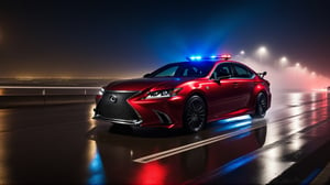 Ultra-realistic photo of racing car \(Lexus ES 300h\) competing other cars at dark night,(stunning racing car decals:1.5),(body color of Cosmic Carbon Gray with Blue Glow),shiny spinning wheels,(wheel color of Red Chrome),glossy and luxurious alloy wheel,(bright turned on symmetrical head lights),silhouette in driver's seat, blurry city street backdrop,depth of perspective,(wide shot),rain,puddles,thunder storm,heavy fog,police car chasing from behind,riverside,bridge
BREAK
(sharp focus,high contrast,studio photo,trending on artstation:1.3),(rule of thirds:1.3),perfect composition,depth of perspective,DoF,(Masterpiece,Best quality,UHD,Hyper-detailed,masterpiece,HDR,32K:1.3),(by Chris Bangle),H effect,art_booster, real_booster,photo_b00ster