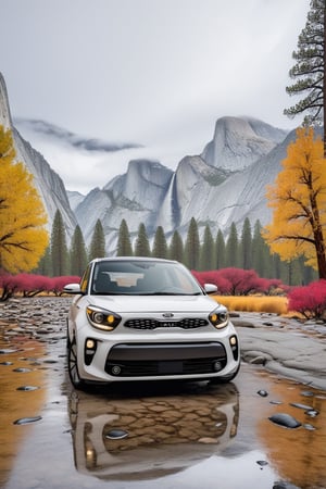 ((Ultra-realistic)) photo of a cute white Kia Morning,tall box-type small car,shiny and reflective body and wheels,front view
BREAK
backdrop of a scenic valley in Yosemite national park,yva11ey1,mountain,rock,trees,forest,lake,river,autumn colors,cloudy,rain,puddles,car focus,cluttered maximalism
BREAK
rule of thirds,studio photo,trending on artstation,perfect composition,(Hyper-detailed,masterpiece,best quality,32K,UHD,sharp focus,high contrast),H effect,photo_b00ster, real_booster,ani_booster,(yva11ey1:1.2)