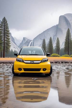 ((Ultra-realistic)) photo of a cute yellow honda N-Box,tall box-type small car,shiny and reflective body and wheels,front view
BREAK
backdrop of a scenic valley in Yosemite national park,mountain,rock,trees,lake,river,vivid colors,cloudy,rain,puddles,car focus
BREAK
rule of thirds,studio photo,trending on artstation,perfect composition,(Hyper-detailed,masterpiece,best quality,32K,UHD,sharp focus,high contrast),H effect,photo_b00ster, real_booster,ani_booster,(yva11ey1:1.2)