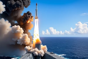((Ultra-realistic)) close-up photo of a SM-3 missile launching from US Navy ship,flame and smoke,cluttered maximalism
BREAK
backdrop of ocean,sky,clouds,(missile and ship focus:1.2)
BREAK
rule of thirds,studio photo,trending on artstation,perfect composition,(Hyper-detailed,masterpiece,best quality,32K,UHD,sharp focus,high contrast),H effect,photo_b00ster, real_booster,ani_booster