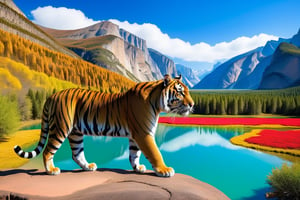 ((Hyper-Realistic)) photo of a tiger in the valley of national park,valley with mountain and forest,an impressive rock on top,lake,river,reflection
BREAK 
aesthetic,(rule of thirds:1.3),depth of perspective,perfect composition,studio photo,trending on artstation,cinematic lighting,(Hyper-realistic photography,masterpiece,best quality,UHD,32K, photorealistic,ultra-detailed,intricate details,sharp focus,high contrast,kodachrome 800,HDR:1.3), real_booster,art_booster,ani_booster,y0sem1te,(yva11ey1:1.2),photo_b00ster