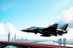 ((Ultra-realistic)) close-up photo of a KF-21 Jet Fighter flying low over a bridge,cyan red black color,decorated with gems,cute,futuristic,cyberpunk, steampunk,intricate machine parts,vivid colors,cluttered maximalism
BREAK
backdrop of river,bridge,sky,cloud,city view,(KF-21 focus:1.2)
BREAK
rule of thirds:1.3,studio photo,trending on artstation,perfect composition,(Hyper-detailed,masterpiece,best quality,32K,UHD,sharp focus,high contrast,cinematic ighting:1.4),H effect,photo_b00ster, real_booster,ani_booster