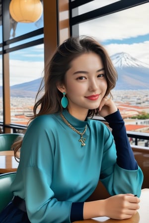 Hyper-Realistic photo of a girl sitting in a luxurious cafe,20yo,1girl,perfect female form,perfect body proportion,perfect anatomy,[Turquoise,Deep Navy,Mint Green color],elegant dress,detailed exquisite face,soft shiny skin,smile,mesmerizing,disheveled hair,small earrings,necklaces,Louis Vuitton bag
BREAK
backdrop of a beautiful cafe,table,mountain view,coffee mug,people,(fullbody:1.2),(wideshot:1.2)
BREAK
(rule of thirds:1.3),perfect composition,studio photo,trending on artstation,(Masterpiece,Best quality,32k,UHD:1.4),(sharp focus,high contrast,HDR,hyper-detailed,intricate details,ultra-realistic,award-winning photo,ultra-clear,kodachrome 800:1.25),(chiaroscuro lighting,soft rim lighting:1.15),by Karol Bak,Antonio Lopez,Gustav Klimt and Hayao Miyazaki,photo_b00ster,real_booster,art_booster,kimtaeri-xl