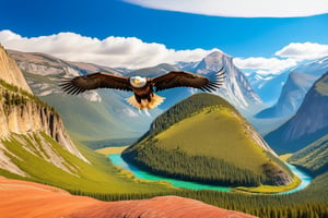 ((Hyper-Realistic)) photo of an eagle flying in the sky of valley in national park,valley with mountain and forest,an impressive rock on top,lake,river,reflection
BREAK 
aesthetic,rule of thirds,depth of perspective,perfect composition,studio photo,trending on artstation,cinematic lighting,(Hyper-realistic photography,masterpiece, photorealistic,ultra-detailed,intricate details,16K,sharp focus,high contrast,kodachrome 800,HDR:1.2),real_booster,art_booster,ani_booster,y0sem1te,H effect,(yva11ey1:1.2),photo_b00ster