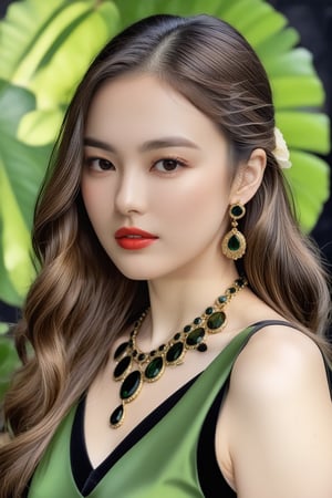 Hyper-Realistic photo of a girl,20yo,1girl,perfect female form,perfect body proportion,perfect anatomy,[green and black color],elegant dress,detailed exquisite face,soft shiny skin,mesmerizing,detailed shiny long hair,small earrings,necklaces,Chanel bag,cluttered maximalism,dark backdrop
BREAK
(rule of thirds:1.3),perfect composition,studio photo,trending on artstation,(Masterpiece,Best quality,32k,UHD:1.4),(sharp focus,high contrast,HDR,hyper-detailed,intricate details,ultra-realistic,award-winning photo,ultra-clear,kodachrome 800:1.25),(chiaroscuro lighting,soft rim lighting:1.15),by Karol Bak,Antonio Lopez,Gustav Klimt and Hayao Miyazaki,photo_b00ster,real_booster,art_booster,song-hyegyo-xl