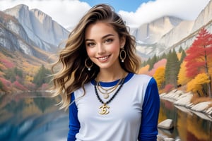 Hyper-Realistic photo of a girl,20yo,1girl,perfect female form,perfect body proportion,perfect anatomy,[baby blue and white and black color],shirt and leggings,detailed exquisite face,soft shiny skin,smile,mesmerizing,disheveled hair,small earrings,necklaces,Chanel,Gucci,Louis Vuitton,cluttered maximalism
BREAK
(backdrop of valley in national park,valley with mountain and rock,colorful autumn forest and trees,large lake,reflection on water)
BREAK
(rule of thirds:1.3),perfect composition,studio photo,trending on artstation,(Masterpiece,Best quality,32k,UHD:1.4),(sharp focus,high contrast,HDR,hyper-detailed,intricate details,ultra-realistic,award-winning photo,ultra-clear,kodachrome 800:1.25),(Canon 15mm wide-angle lens with large depth of field),(chiaroscuro lighting,soft rim lighting:1.15),by Karol Bak,Antonio Lopez,Gustav Klimt and Hayao Miyazaki,photo_b00ster,real_booster,art_booster,y0sem1te,yva11ey1