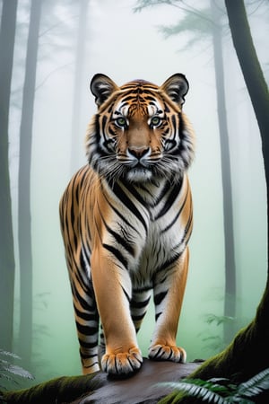 (Hyper realistic photo of a tiger) in forest,fog,cluttered maximalism,green and black color,fullbody
BREAK
(rule of thirds:1.3),perfect composition,studio photo,trending on artstation,(Masterpiece,Best quality,32k,UHD:1.4),(sharp focus,high contrast,HDR,hyper-detailed,intricate details,ultra-realistic,award-winning photo,ultra-clear,kodachrome 800:1.25),(chiaroscuro lighting,soft rim lighting:1.15),by Karol Bak,Antonio Lopez,Gustav Klimt and Hayao Miyazaki,photo_b00ster,real_booster,art_booster,ani_booster