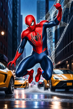 Hyper-Realistic photo of Spiderman web-swinging,solo, 1boy,male focus,blurry,bodysuit,mask,night,ground vehicle,motor vehicle,rain,car,superhero,silk,spider web, spider web print,city backdrop,cluttered maximalism,spiderman focus
BREAK
(rule of thirds:1.3),perfect composition,studio photo,trending on artstation,(Masterpiece,Best quality,32k,UHD:1.4),(sharp focus,high contrast,HDR,hyper-detailed,intricate details,ultra-realistic,award-winning photo,ultra-clear,kodachrome 800:1.3),(dum lighting:1.3),photo_b00ster, real_booster,art_booster