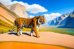 ((Hyper-Realistic)) photo of a tiger in the valley of national park,valley with mountain and forest,an impressive rock on top,lake,river,reflection
BREAK 
aesthetic,rule of thirds,depth of perspective,perfect composition,studio photo,trending on artstation,cinematic lighting,(Hyper-realistic photography,masterpiece, photorealistic,ultra-detailed,intricate details,16K,sharp focus,high contrast,kodachrome 800,HDR:1.2),real_booster,art_booster,ani_booster,y0sem1te,H effect,(yva11ey1:1.2),photo_b00ster