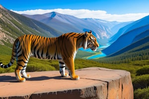 ((Hyper-Realistic)) photo of a tiger in the valley of national park,valley with mountain and forest,an impressive rock on top,lake,river,reflection
BREAK 
aesthetic,rule of thirds,depth of perspective,perfect composition,studio photo,trending on artstation,cinematic lighting,(Hyper-realistic photography,masterpiece, photorealistic,ultra-detailed,intricate details,16K,sharp focus,high contrast,kodachrome 800,HDR:1.2),real_booster,art_booster,ani_booster,y0sem1te,H effect,(yva11ey1:1.2),photo_b00ster